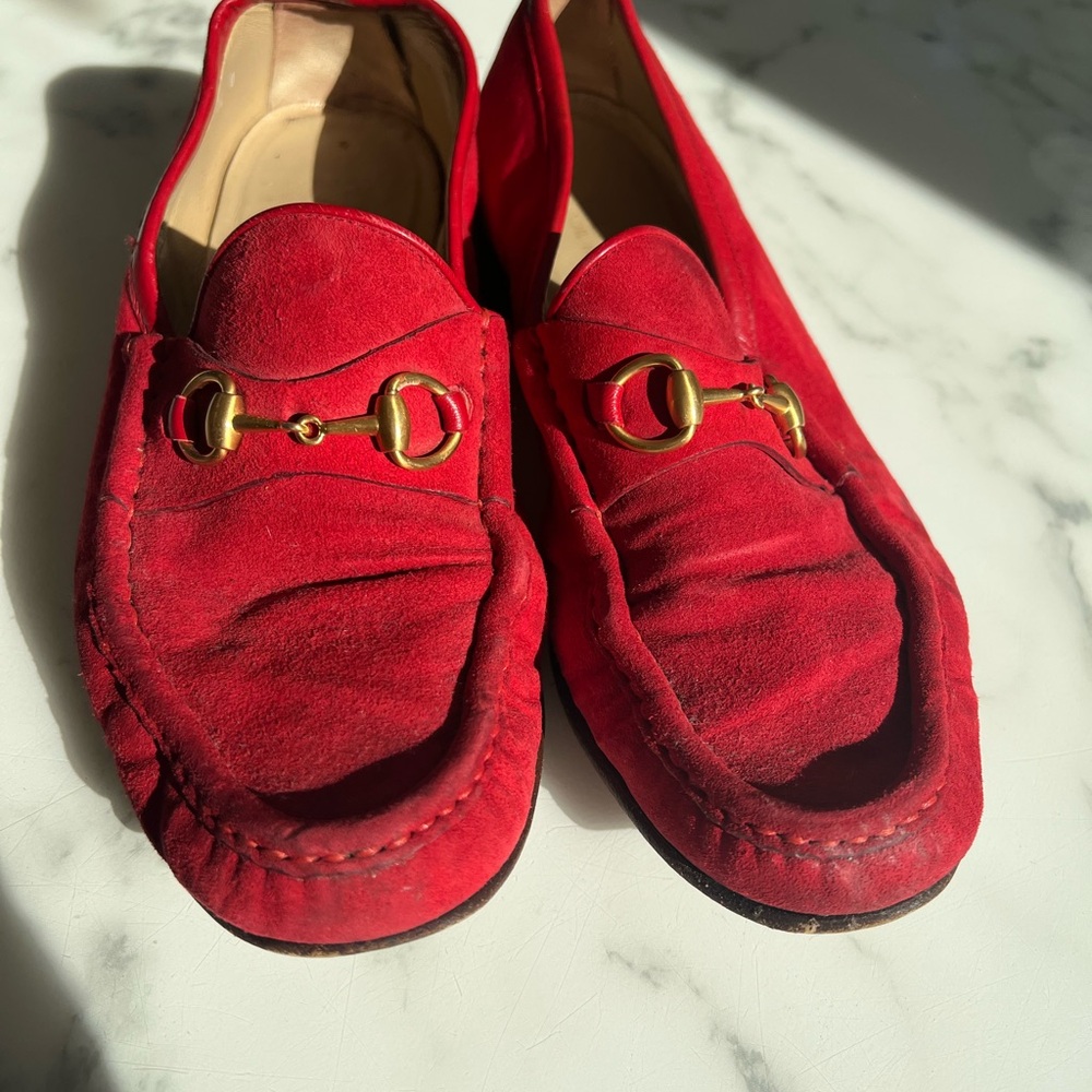 Gucci Red Suede Loafers with Gold Hardware